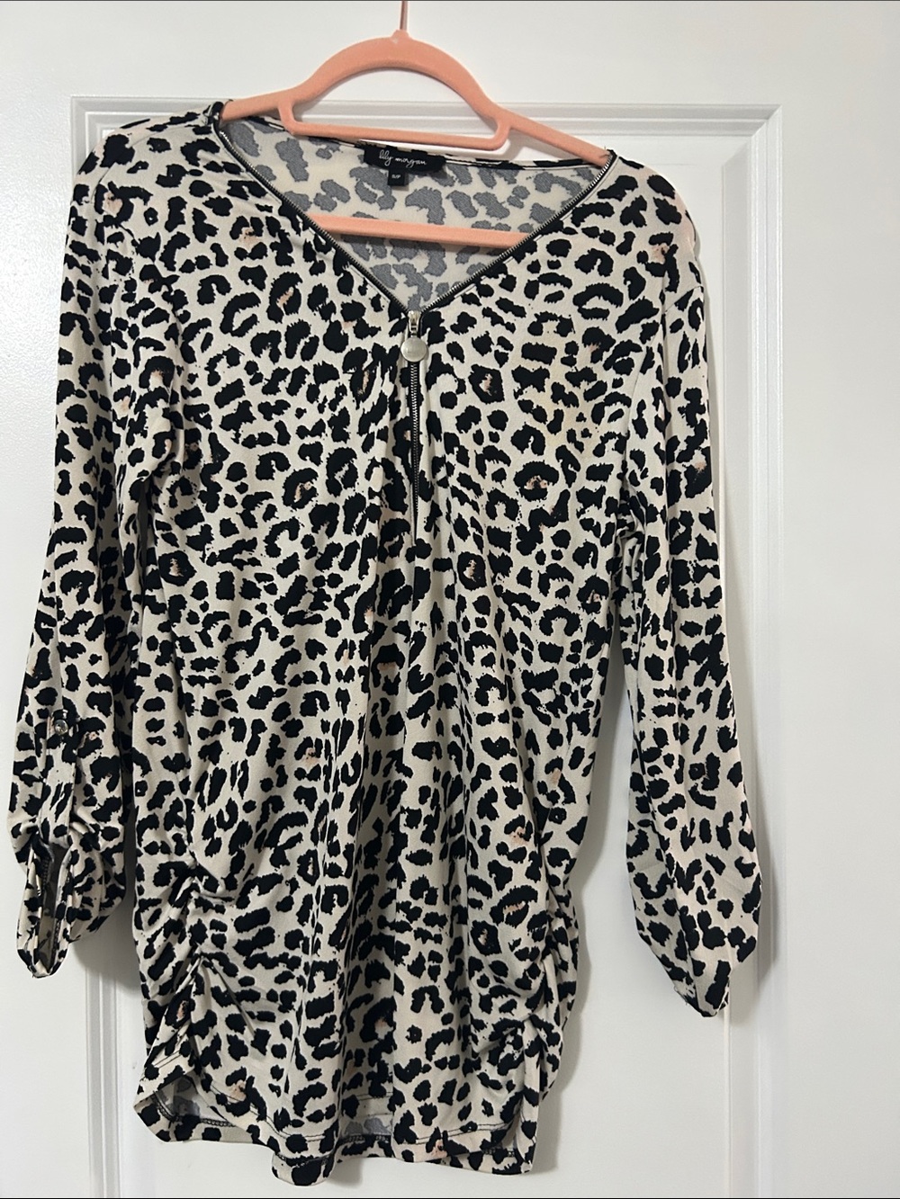 Leopard Print Zip-Front Blouse - Cream/Black